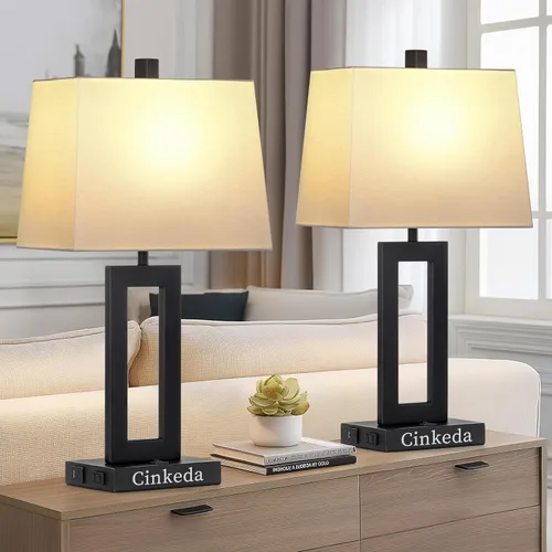Vista 8 de Cinkeda Juego de 2 lámparas de mesa con puertos USB C+A y salida de CA, lámparas de noche, lámparas modernas para dormitorio, lámparas negras