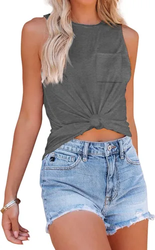 Vista 3 de BESFLY Camiseta sin mangas para mujer, cuello redondo, ajuste holgado, ligera, con bolsillo