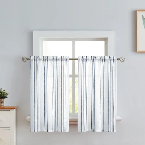 Vista 13 de SXZJTEX Cortinas de cocina para cafetería, cortinas traslúcidas a rayas negras, patrón de rayas finas, estilo rústico, cortinas cortas para baño
