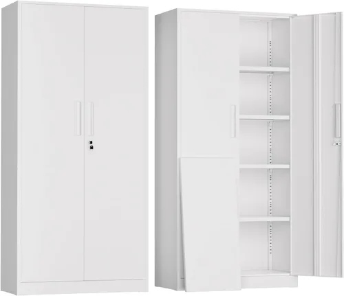 Vista 11 de Greenvelly Armario de almacenamiento de metal con cerradura, gabinete de garaje de metal de 71 pulgadas con 2 puertas y 4 estantes ajustables