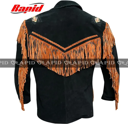 Vista 2 de Chaqueta de piel vaquera occidental para hombre, con flecos, ante de hueso, abrigo de cuero nativo americano, color negro
