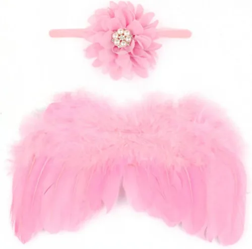 Vista 3 de Ala de ángel para recién nacido, ala de plumas de bebé con diadema de flores, traje de fiesta infantil para accesorios de fotos, unisex