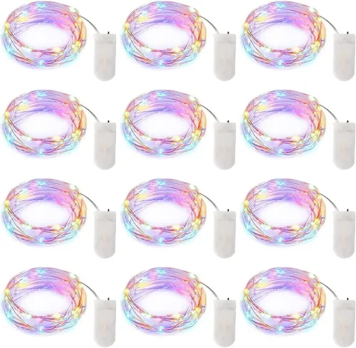 Vista 22 de Brightown - Paquete de 12 luces LED de hadas multicolor con pilas, resistentes al agua, cable plateado de 7 pies, 20 luces LED de luciérnagas