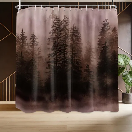 Vista 18 de Cortina de ducha estrecha para hombre, diseño de bosque negro y gris, para casa rodante, juego de decoración de baño, tela impermeable con ganchos