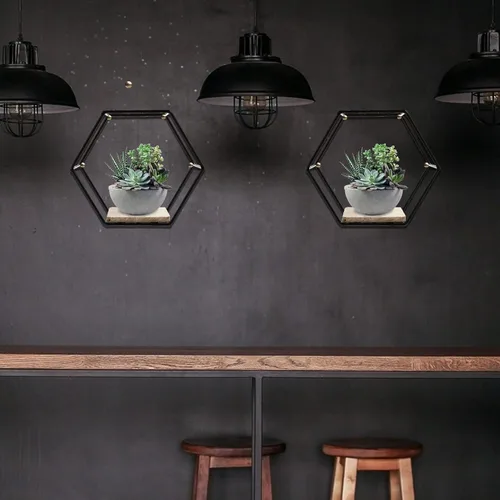 Vista 4 de Happyyami Estante de almacenamiento hexagonal de hierro negro montado en la pared, estante flotante decorativo para plantas suculentas y libros