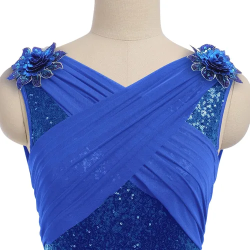 Vista 4 de AFAVOM Disfraz de baile lírico para mujer, vestido de lentejuelas con flores, falda asimétrica de tul fluida, disfraces de danza contemporánea