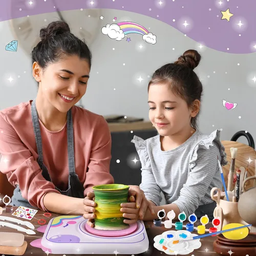 Vista 5 de weirtoya Rueda de Cerámica para Niños, Juguetes de Artes y Manualidades para Niñas de 8 a 12 años, Kit de Cerámica con 3 Paquetes de Arcilla