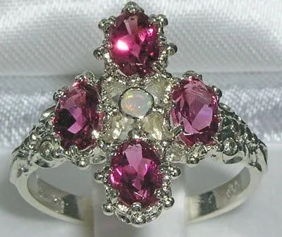 Vista 2 de Anillo de plata de ley 925 con ópalo auténtico y turmalina rosa para mujer