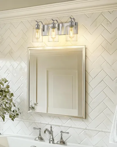 Vista 5 de Lámpara de tocador de baño de 3 luces, aplique de pared de níquel cepillado, lámpara de baño moderna con vidrio transparente, VL01BN-3 Níquel