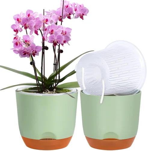 Vista 32 de QCQHDU 2 Pack 5.7 Inch Orchid Pots with Holes for Repotting, Double-Layer and Self Watering Orchid Pot with Good Air Circulation Verde
