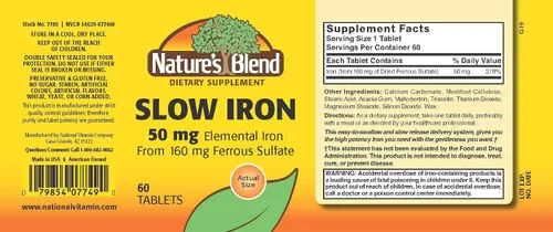Vista 2 de Nature's Blend Hierro lento 50 mg (160 mg) Comparar con Slow Fe® 60 tabletas
