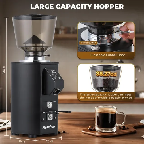 Vista 6 de Molinillo de café comercial resistente, control de botón de rebabas planas de 2.520 in, color negro 8 Precise Grind Settings, Stainless Steel