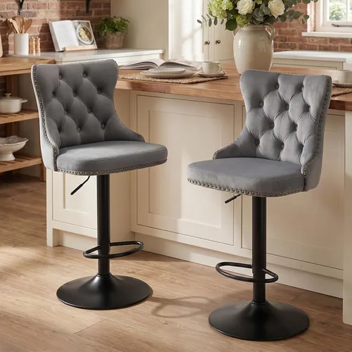 Vista 27 de SoarFlash Juego de 2 taburetes de bar tapizados de terciopelo moderno con patas de madera, botones acolchados, cabeza de clavo cromada, asiento