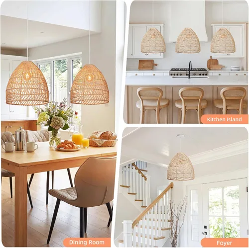 Vista 2 de Arturesthome Lámpara colgante de ratán, lámpara de mimbre estilo bohemio, cesta de techo, lámpara colgante grande de tejido natural para fregadero