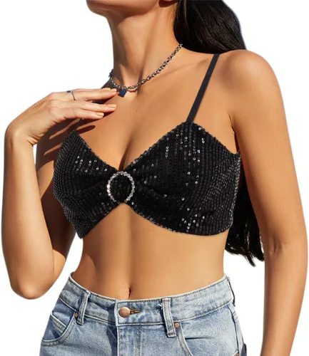 Vista 3 de Erinaco Camiseta corta reflectante metálica para mujer, camiseta sin mangas holográfica, estilo halter, camiseta sin mangas para festivales, rave
