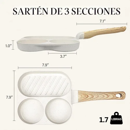 Vista 5 de GiPP Sartén de cerámica antiadherente para huevos, sartén dividida 3 en 1 para tortilla de desayuno, 7.9 pulgadas con mango resistente al calor