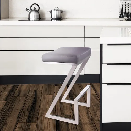Vista 2 de Armen Living Atlantis Backless Faux Leather and Brushed Stainless Steel Bar Stool Gris