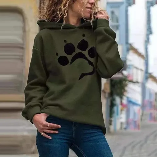 Vista 2 de Sudadera con capucha para mujer con estampado de huella de perro, ligera, de manga larga, informal, con capucha, para otoño e invierno