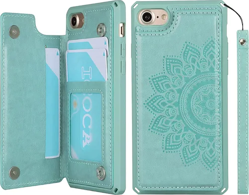 Vista 10 de iCoverCase Funda compatible con iPhone SE 2022/SE 2020/7/8 con soporte para tarjetas, funda tipo cartera para mujer, con bloqueo RFID en relieve