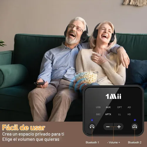 Vista 3 de 1Mii Transmisor Bluetooth 5.3 para TV a 2 auriculares inalámbricos, adaptador Bluetooth de largo alcance de 100 pies para TV aptX Adaptive y control