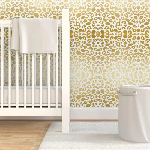 Vista 6 de Spoonflower Muestro de papel tapiz extraíble - Papel pintado prepegado de encargo blanco animal negro con estampado de leopardo dorado