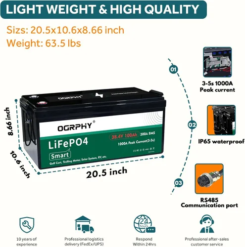 Vista 2 de OGRPHY Batería de litio de 36 V con cargador y monitor LCD, batería de litio para carrito de golf de 36 V 100 AH con BMS de 200 A, salida de 7.68