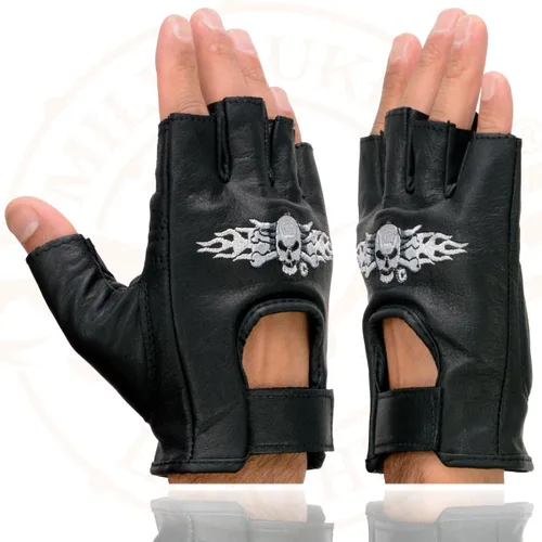 Vista 3 de Milwaukee Leather SH353 - Guantes de mano para motocicleta sin dedos acolchados de gel de cuero negro con calavera y huesos bordados