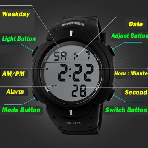 Vista 5 de Carrie Hughes - Reloj deportivo digital para hombre, impermeable, pantalla LED, esfera grande, cronómetro, militar, luminoso, alarma, reloj militar