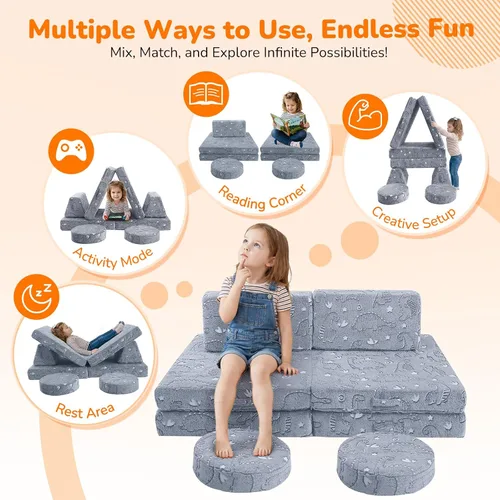 Vista 4 de Sofá modular para niños MeMoreCool – Sofá de dinosaurio de 8 piezas que brilla en la oscuridad para niños pequeños convertible en fuerte constructor