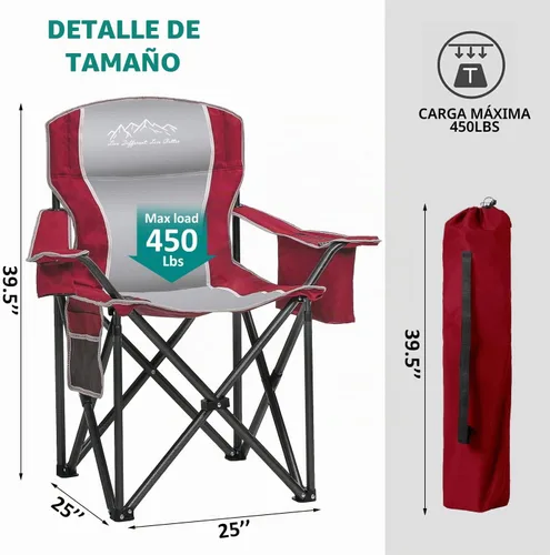 Vista 2 de 2 sillas plegables para camping, portátil, para exteriores, resistentes, acolchadas, silla de césped con soporte para tazas, bolsillo de Rojo-algodón