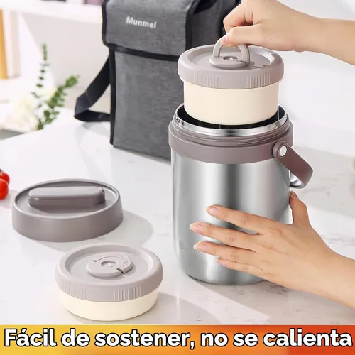 Vista 4 de Lonchera para adultos con vacío, termo para sopa con insertos, lonchera bento apilable, contenedor de almacenamiento, boca ancha, de acero