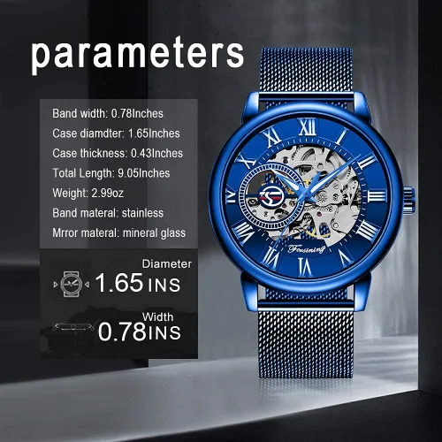Vista 4 de Dentily Reloj de esqueleto para hombre clásico con número romano Steampunk Reloj mecánico Relojes de viento para hombre (azul)