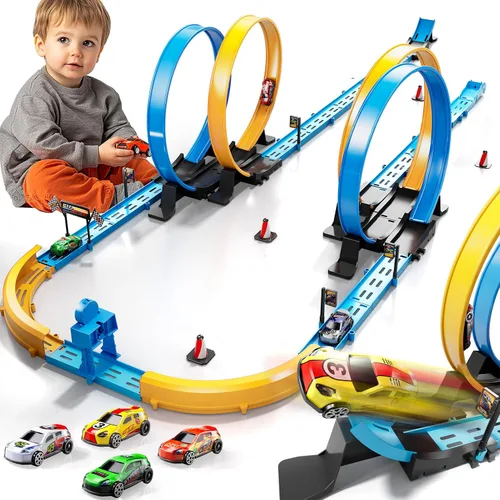 Vista 8 de Conjunto de Pista de Carreras de Coches LILYBUDS para Niños, Niños de 3-5 4-7 años, Pistas de Carreras con 4 Zonas de Choque y Coches de Ranura