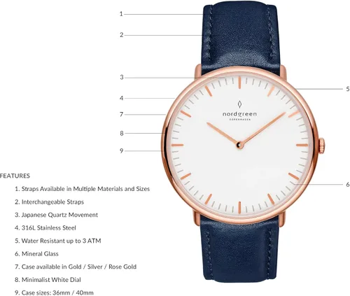 Vista 2 de Nordgreen Reloj nativo escandinavo de oro rosa con correas intercambiables