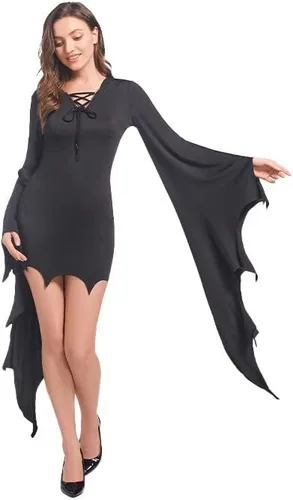 Vista 4 de Mingyuezai Disfraz de grito para mujer, disfraz de bruja con manga de murciélago, vestido largo gótico de Halloween