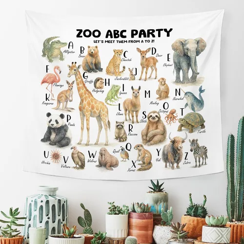 Vista 3 de MNASAIOO Tapiz de pared para colgar en la pared del alfabeto de animales del zoológico para el aula, para dormitorio, cuarto de bebé, tapices
