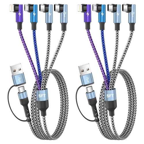 Vista 25 de Cargador de teléfono de 90 grados, cable de carga múltiple 4 en 2, cable USB C CarPlay con doble tipo C, micro USB, puerto IP, cable USBC de nailon