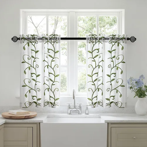 Vista 24 de VISIONTEX 2 paneles de cortinas traslúcidas de 63 in de largo, cortinas de gasa semitransparentes bordadas con hojas florales beige, bolsillo
