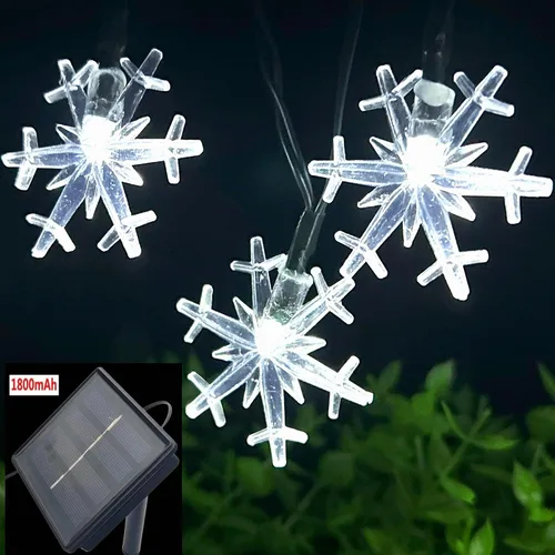 Vista 5 de Guirnalda de luces solares de Navidad para exteriores, impermeables, 30 LED, 20 pies, copos de nieve, luces de hadas de Navidad con 8 modos