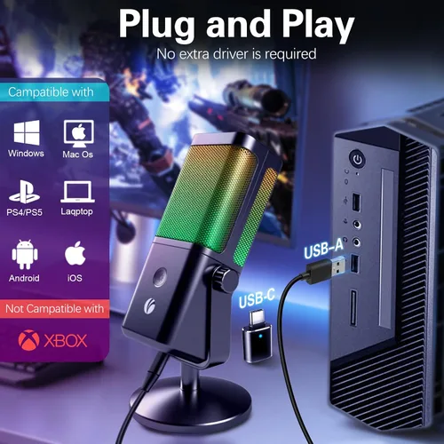 Vista 9 de VCOM - Micrófono USB para PC, micrófono RGB para juegos con botón de silencio, control de ganancia, conector de auriculares de monitoreo de 3.5 mm