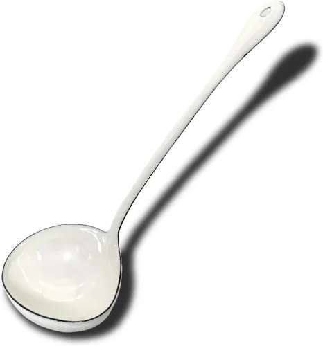 Vista 9 de Cucharas de sopa blancas de 12.2 pulgadas, cucharas de cocina grandes de acero esmaltado, cucharones de salsa para servir