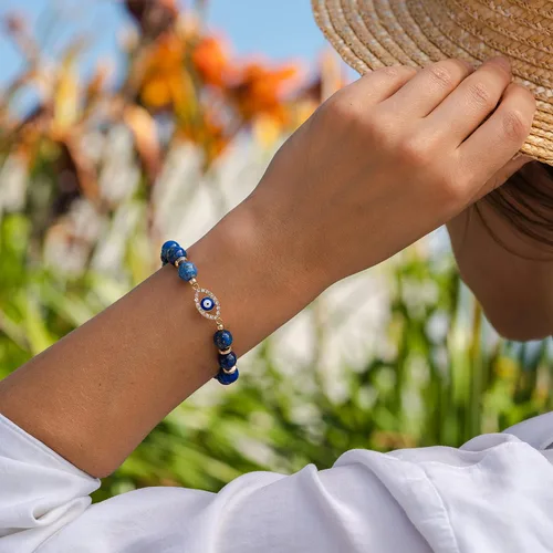 Vista 6 de VIBE MOOD ENERGY - Pulsera de protección Pulsera de cuentas de lapislázuli con dije contra el mal de ojo Pulsera de triple protección para aliviar