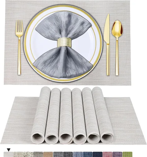 Vista 37 de BETEAM Juego de 4 manteles individuales de vinilo tejido para mesa de comedor, lavables, lavables, manteles individuales de cocina, duraderos