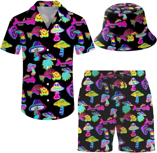 Vista 31 de Conjunto deportivo de 2 piezas para hombre, camisa hawaiana, pantalones cortos, camisa con botones y pantalones cortos con sombreros de pescador