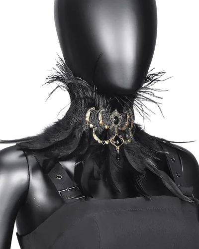 Vista 2 de Collar gótico de plumas negras gargantilla de plumas victorianas para mujer, collar de plumas para Halloween, collar de cosplay