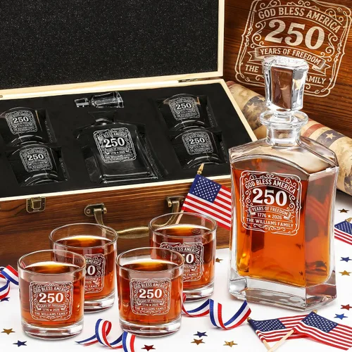 Vista 12 de Juego de decantador de whisky personalizado para el 250 aniversario Rocks, regalo de independencia de Estados Unidos 250 para hombres, nombre