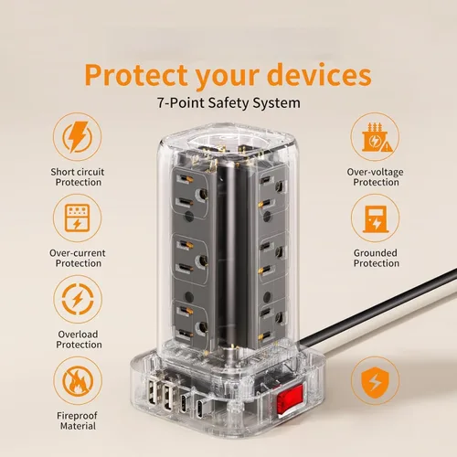 Vista 5 de SMALLRT - Cable de extensión con múltiples tomas, torre de regleta de alimentación con protector de sobretensiones, extensor de salida con 12