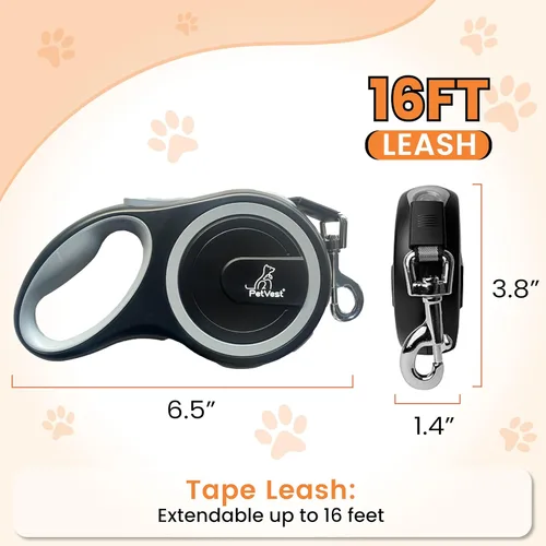 Vista 2 de Correa retráctil para perro, extensible hasta 16 pies, cinta de nailon resistente, sin enredos, freno y bloqueo con una sola mano, para perros