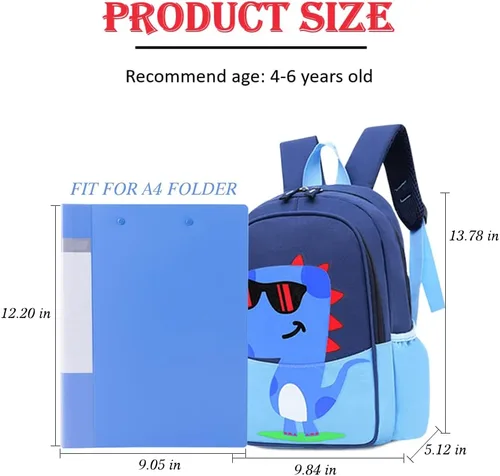 Vista 4 de POWOFUN Mochila preescolar para niños, diseño de dibujos animados, tamaño A4, Dinosaurio Verde M
