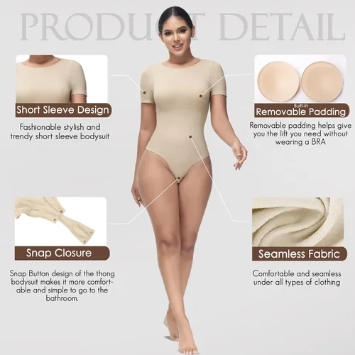 Vista 2 de Body moldeador para mujer, con control de abdomen, cuello redondo, manga corta, tanga esculpida con relleno extraíble